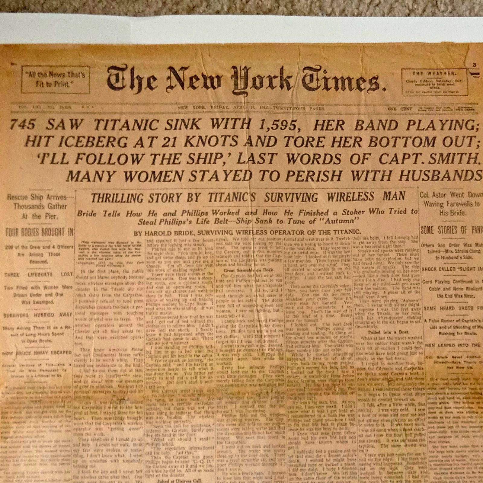 Original Titanic Sinks - April 19, 1912 New York Times Newspaper
