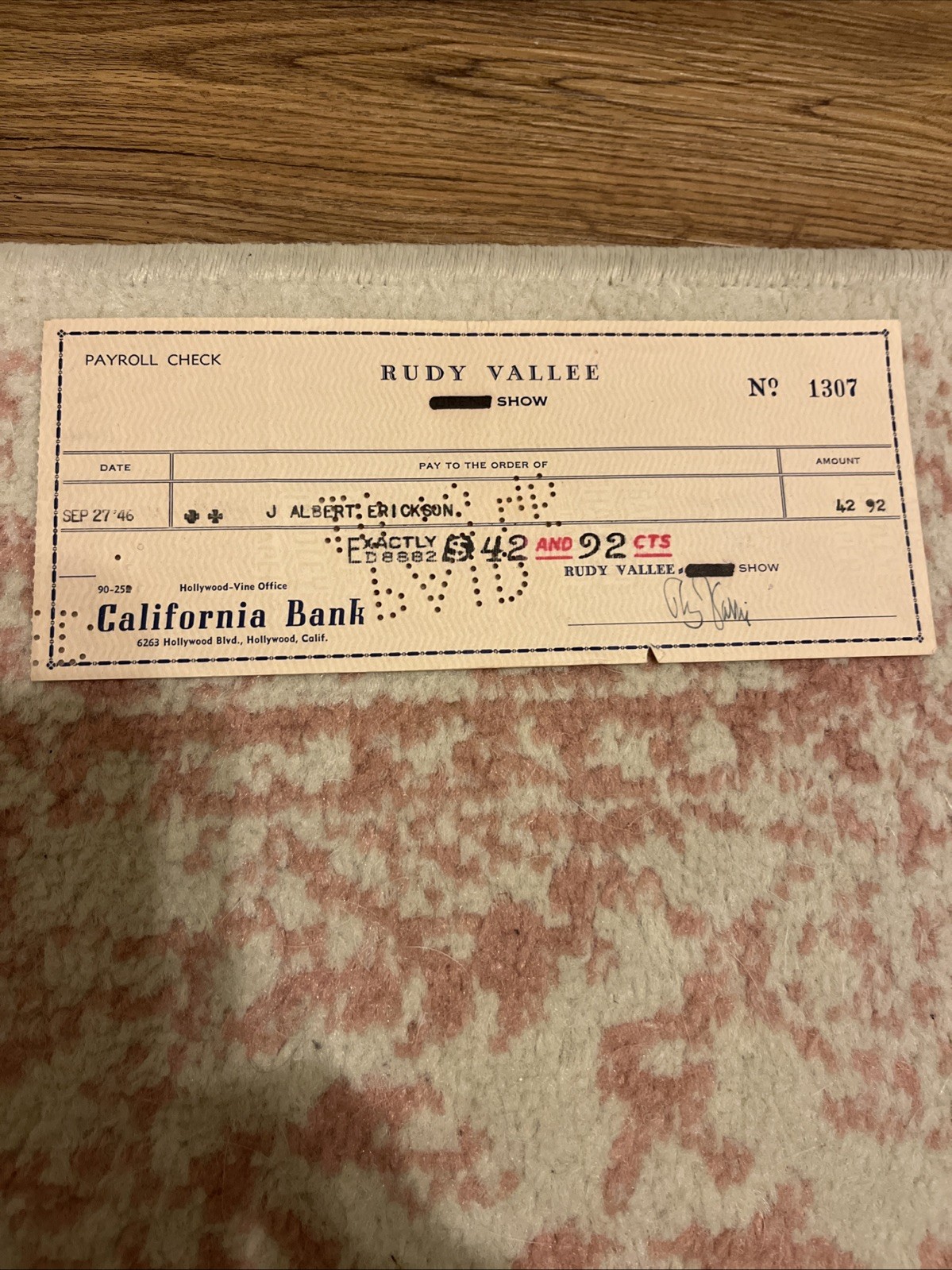 RUDY VALLEE 1946 SIGNED Singer Autograph Auto Check RUDY VALLEE 1946 SIGNED Singer Autograph Auto Check