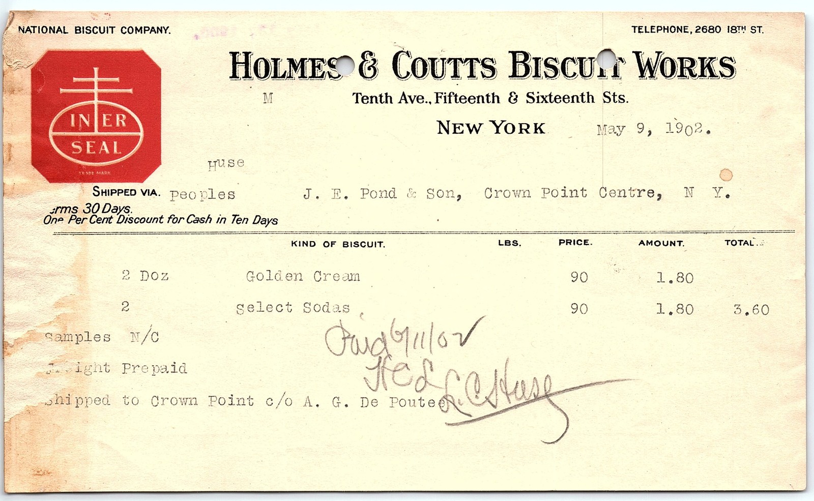 1902 Holmes & Coutts (NABISCO) Biscuit Billhead, NY