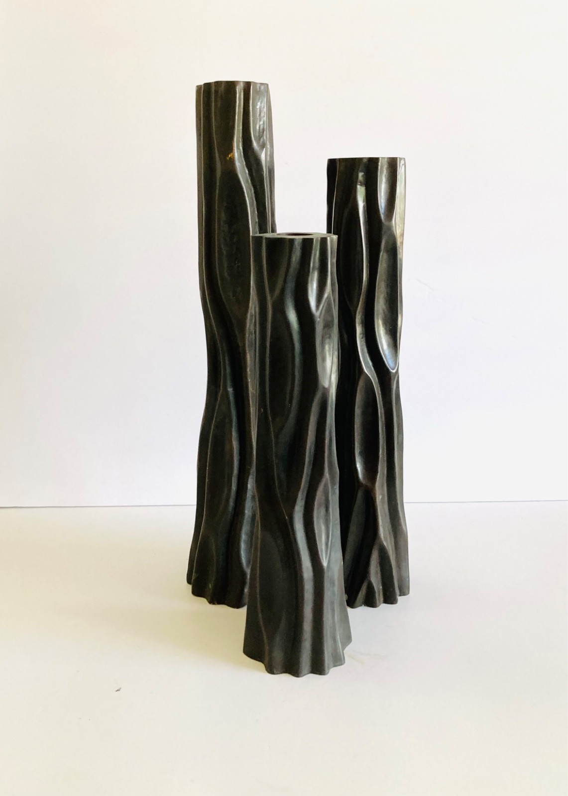 Rare Set Of 3 Tree Trunk Candleholders By Chinese Listed Artist Robert Kuo