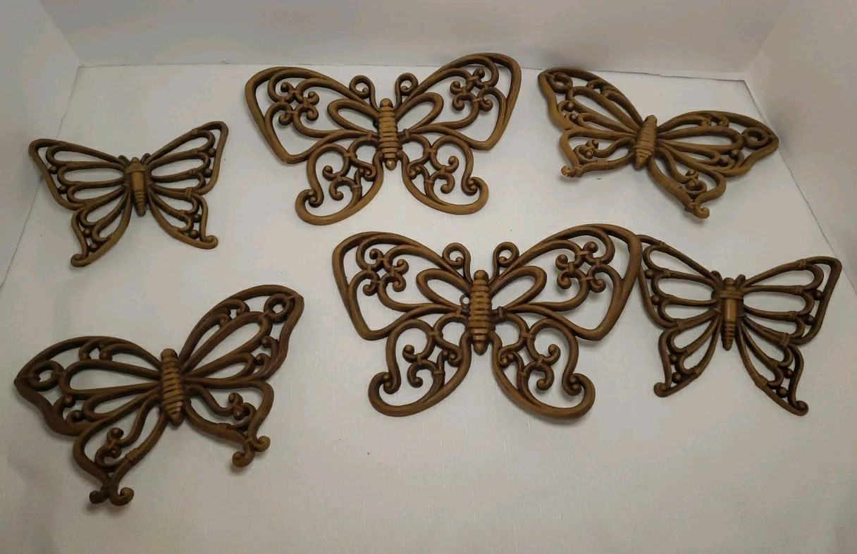 Vintage MCM 1970s Homco #7537 Butterfly  Wall Decor Set Of 6, Faux Rattan, Boho