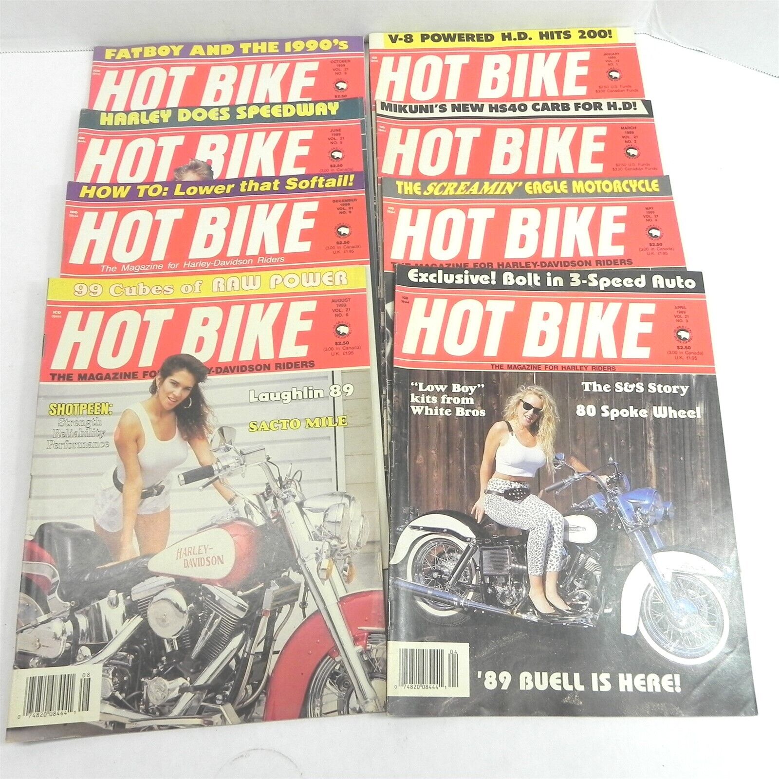 VINTAGE 1989 HOT BIKE MOTORCYCLE MAGAZINE LOT OF 8 ISSUES CHOPPERS HARLEYS 