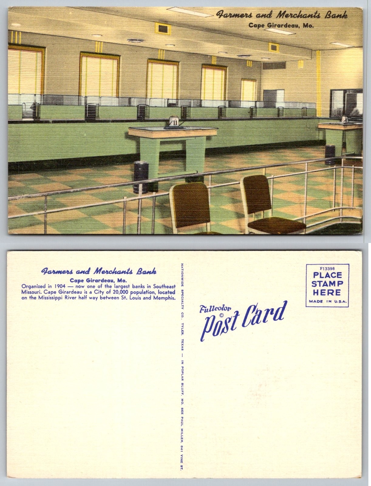 Farmers and Merchants Bank Cape Girardeau Missouri Interior Nationwide Postcard