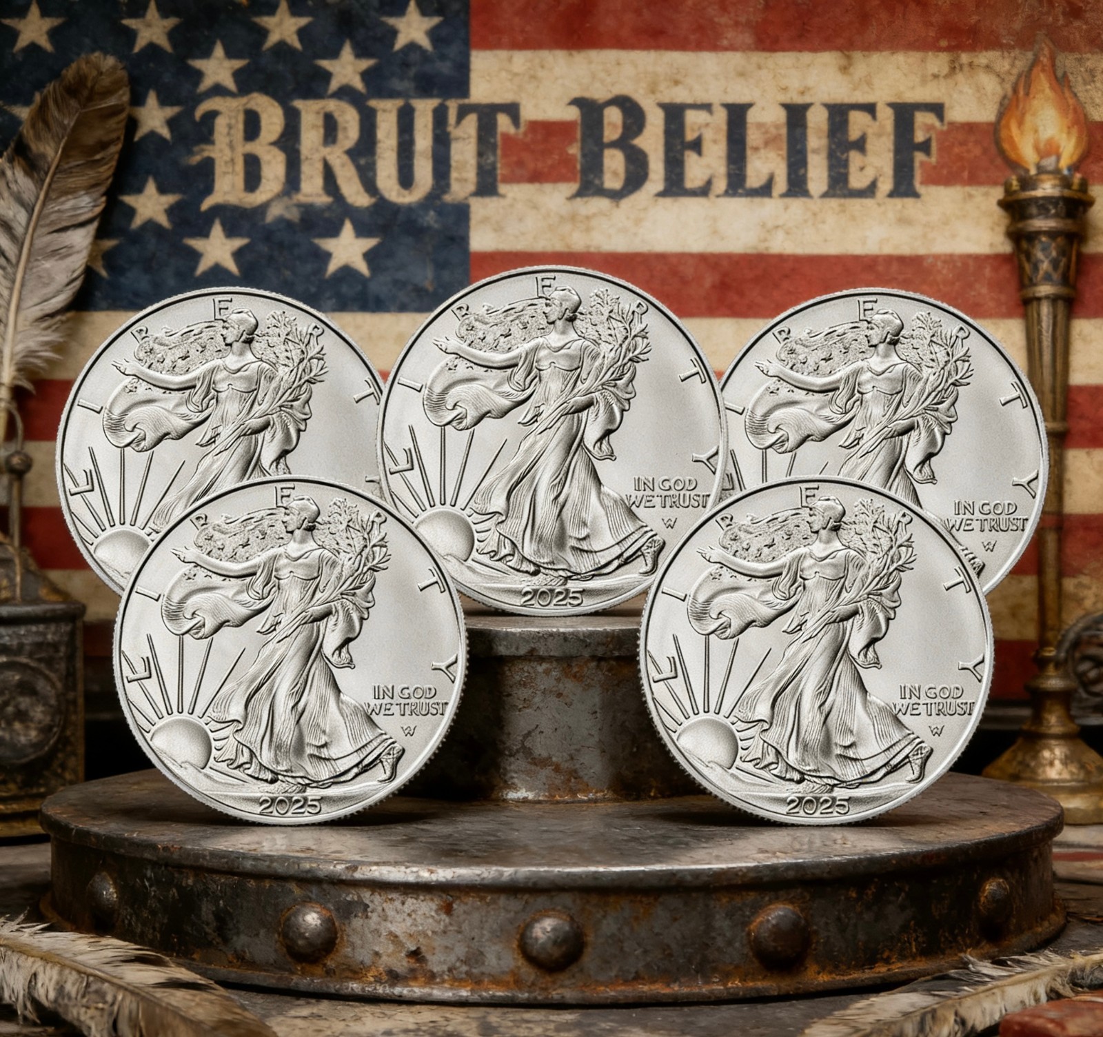 lOT OF 5 2025 ..999 Round / Medallion:American Eagle 1 oz