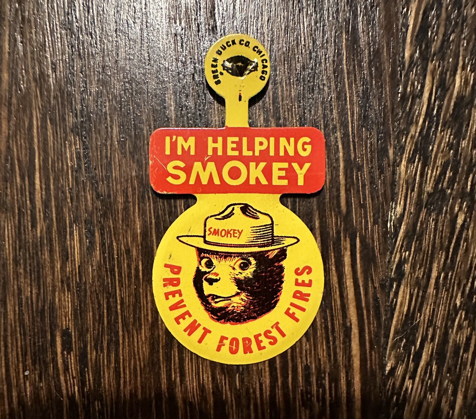 Vintage Smokey the Bear I'm Helping Prevent Forest Fires Fold Over Tab Button
