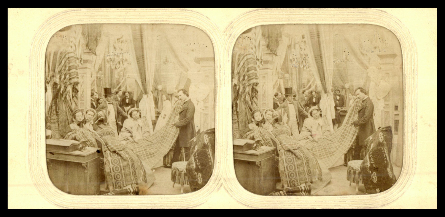 Le Marchand de Tissus, ca.1870, day/night stereo (French tissue) vintage print Le Marchand de Tissus, ca.1870, day/night stereo (French tissue) vintage print
