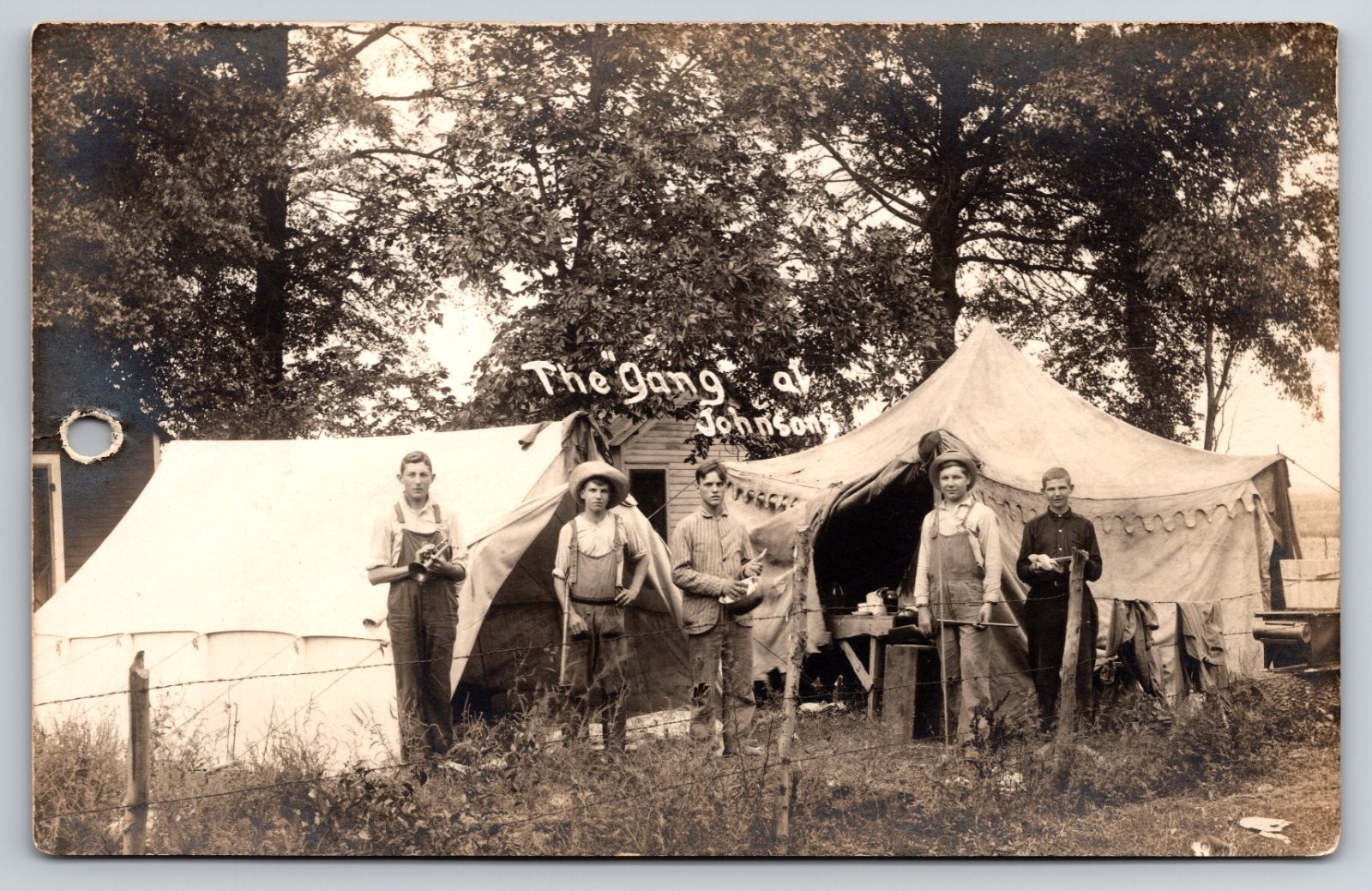 Thomson Illinois The Gang at Johnson's Boys Camp Tents As-Is Hole Punch RPPC