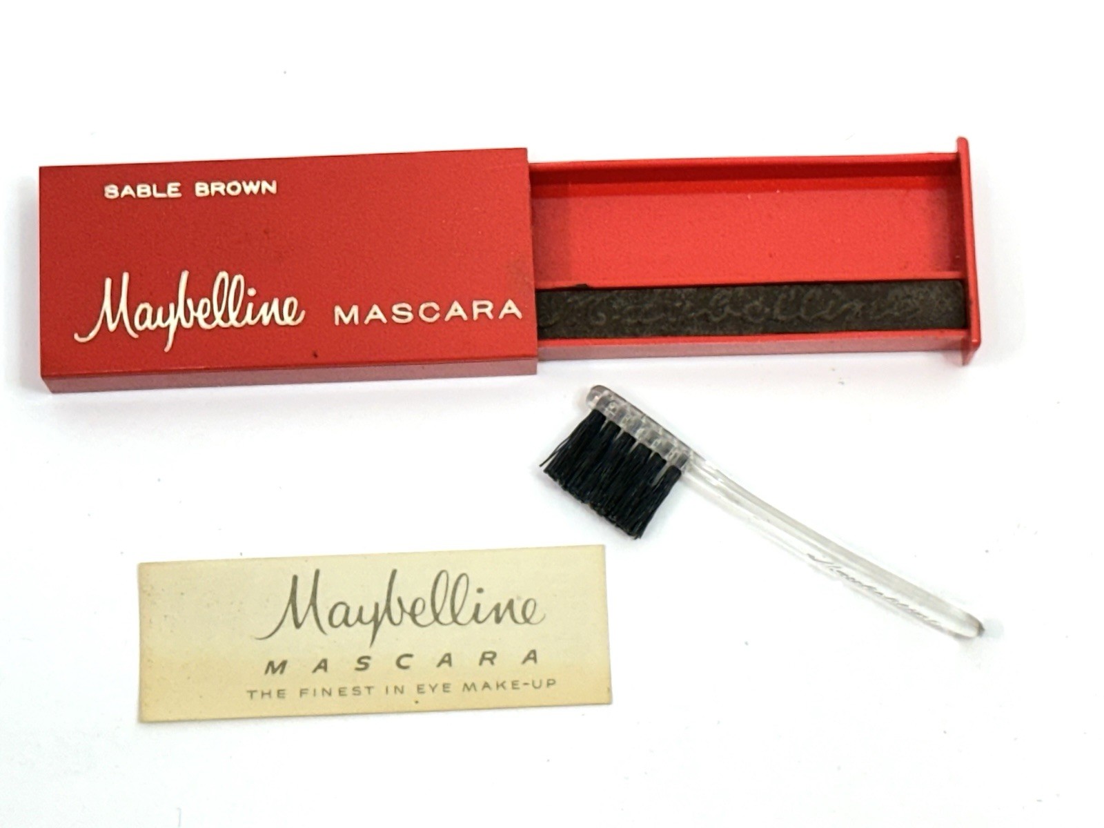NOS 1970\'s Maybelline Cake Mascara Red Slide Box w/Brush & Insert SABLE BROWN