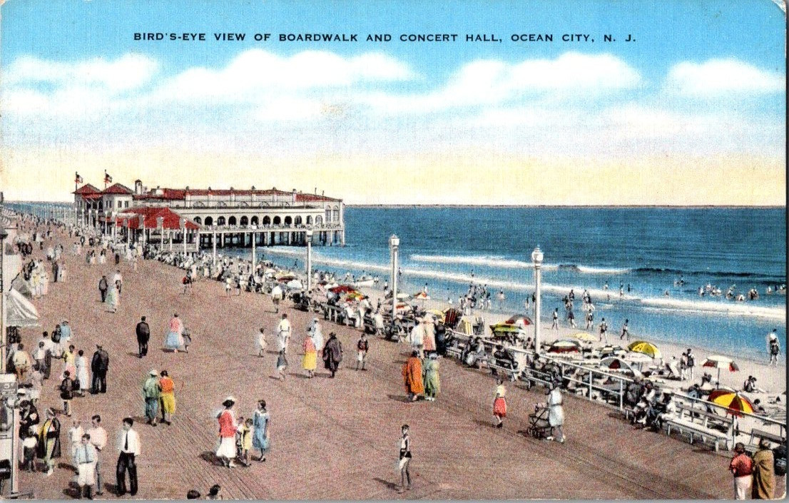 Postcard Bird's eye view of Boardwalk and Concert Hall Ocean City N.J