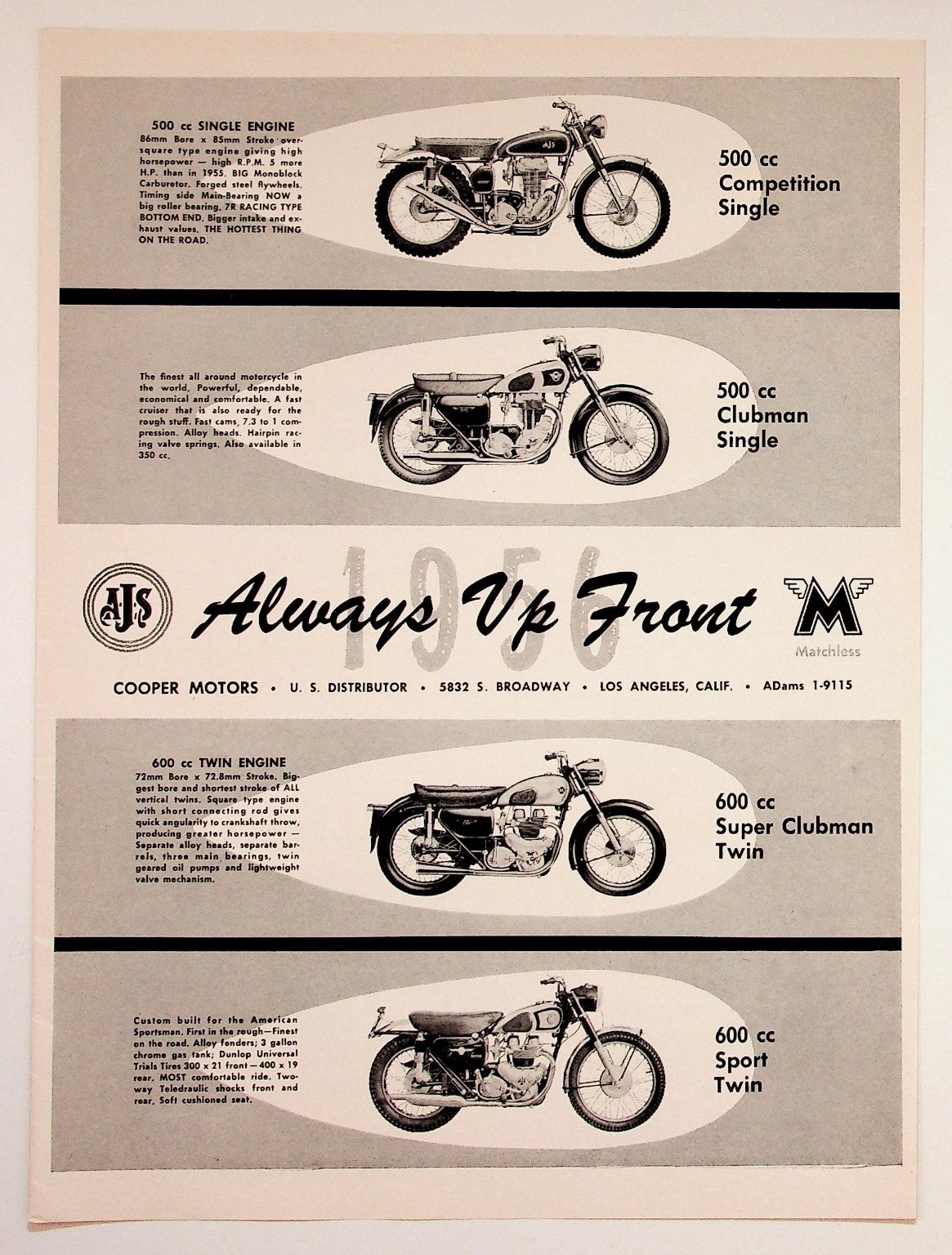 AJS Matchless Motorcycles Vintage Ad Print Los Angeles Cooper Motors