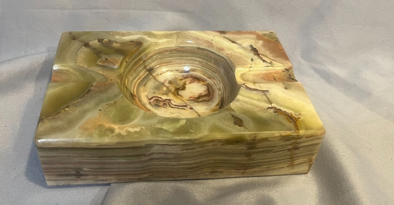Vintage MCM Green Banded Onyx Marble Ashtray Heavy Polished Stone Catchall 6\