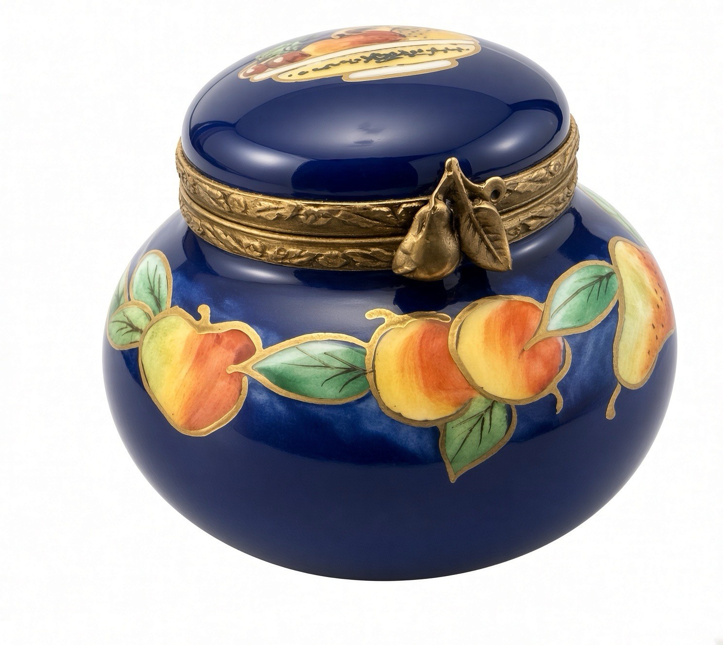 NWOB France Limoges Peint Main Inkwell Dark Blue With Fruit Box W/ COA