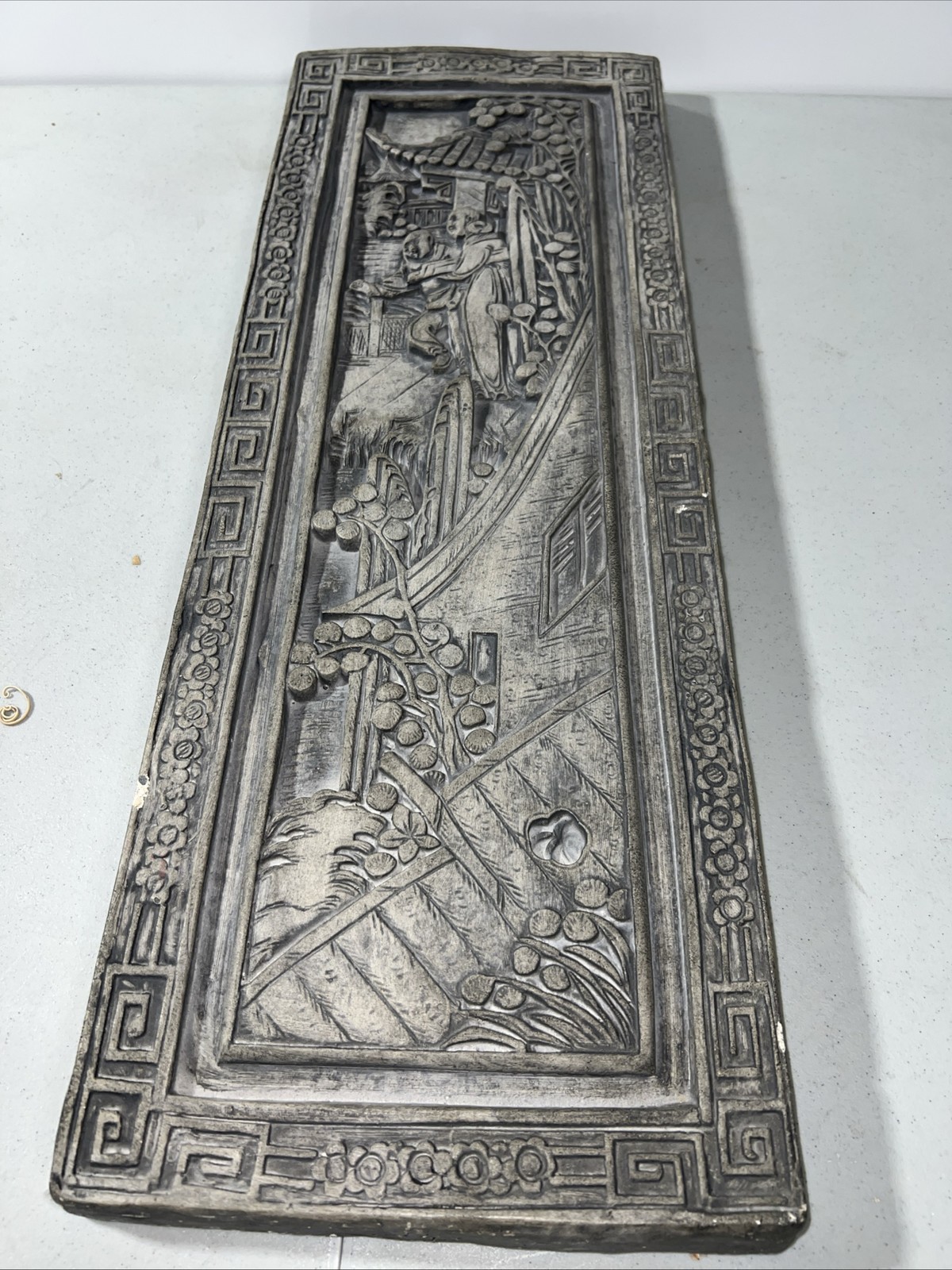 Vintage Chinese Cast Relief Wall Panel Figures Pagoda Garden 27” Heavy 26 Lbs