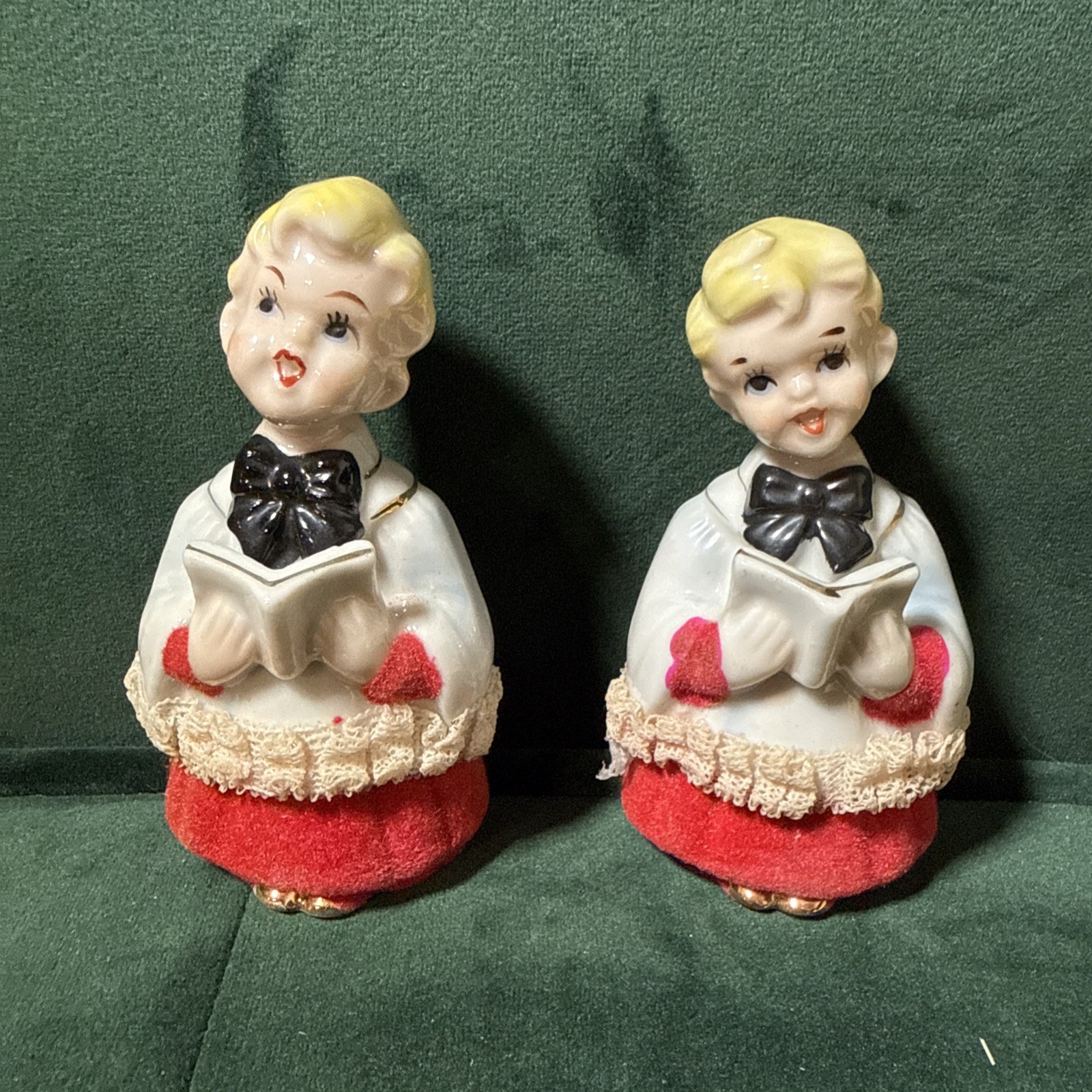 Vintage Christmas Choir Boy Figurines Spaghetti Lace Red Felt Japan 1950s