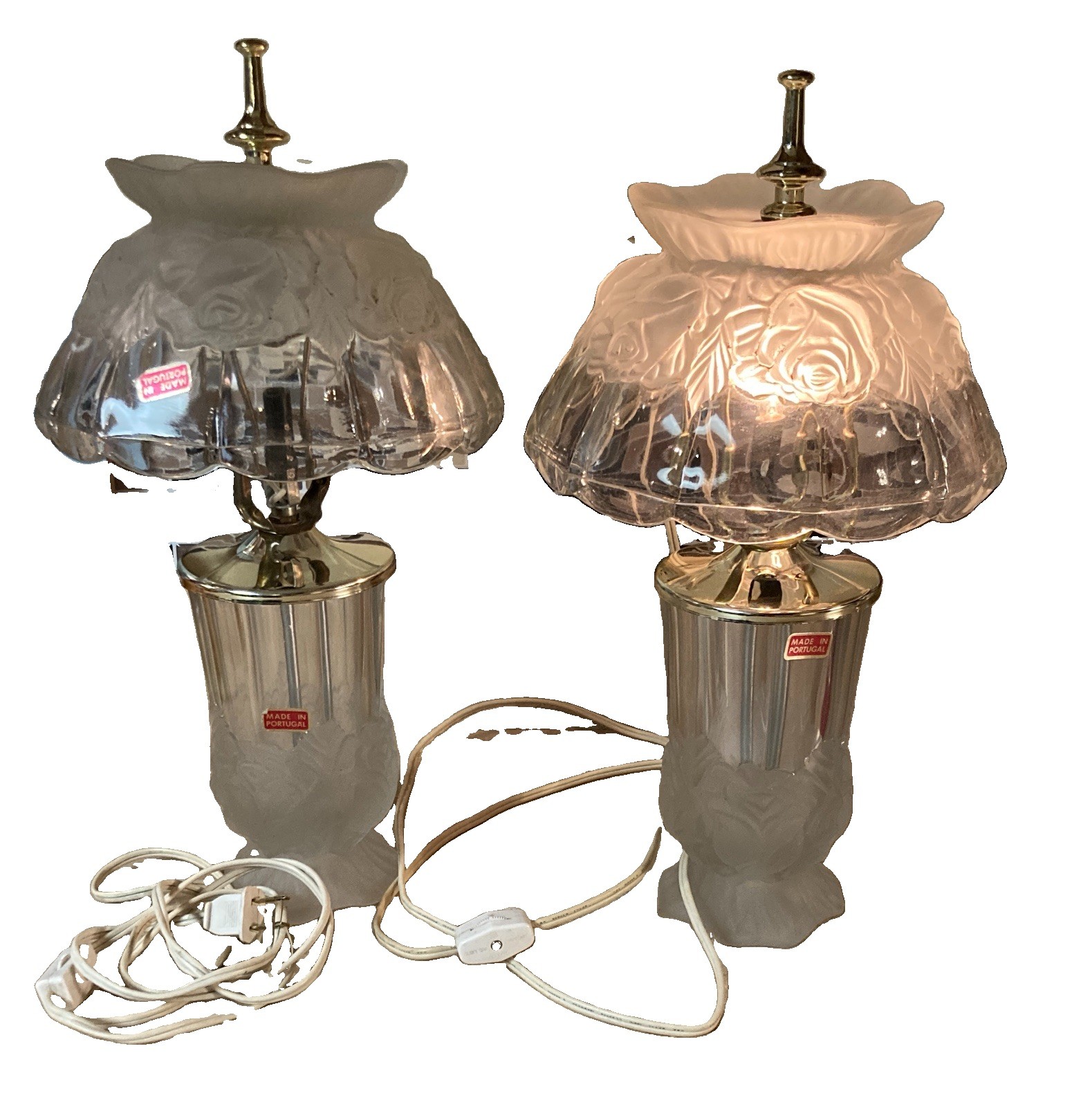 Pair Vintage Heavy Lead Crystal Boudoir Table Lamps Frosted Rose Portugal 14 Pair Vintage Heavy Lead Crystal Boudoir Table Lamps Frosted Rose Portugal 14