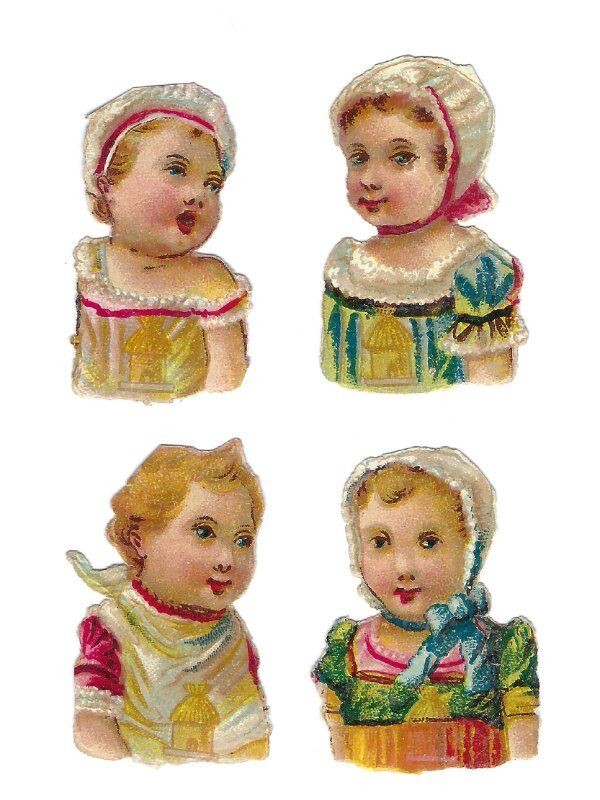 1888 Chromo decoupis, 4 Victorian BABY HEADS, Antique Die-Cut Scrap, 1-3/4