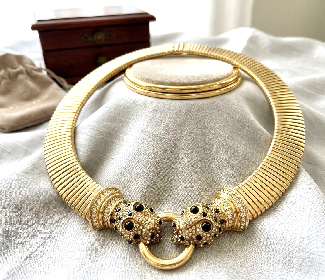 Vintage Signed CINER Double Leopard Head Gaspipe Collar Necklace Choker 1980s