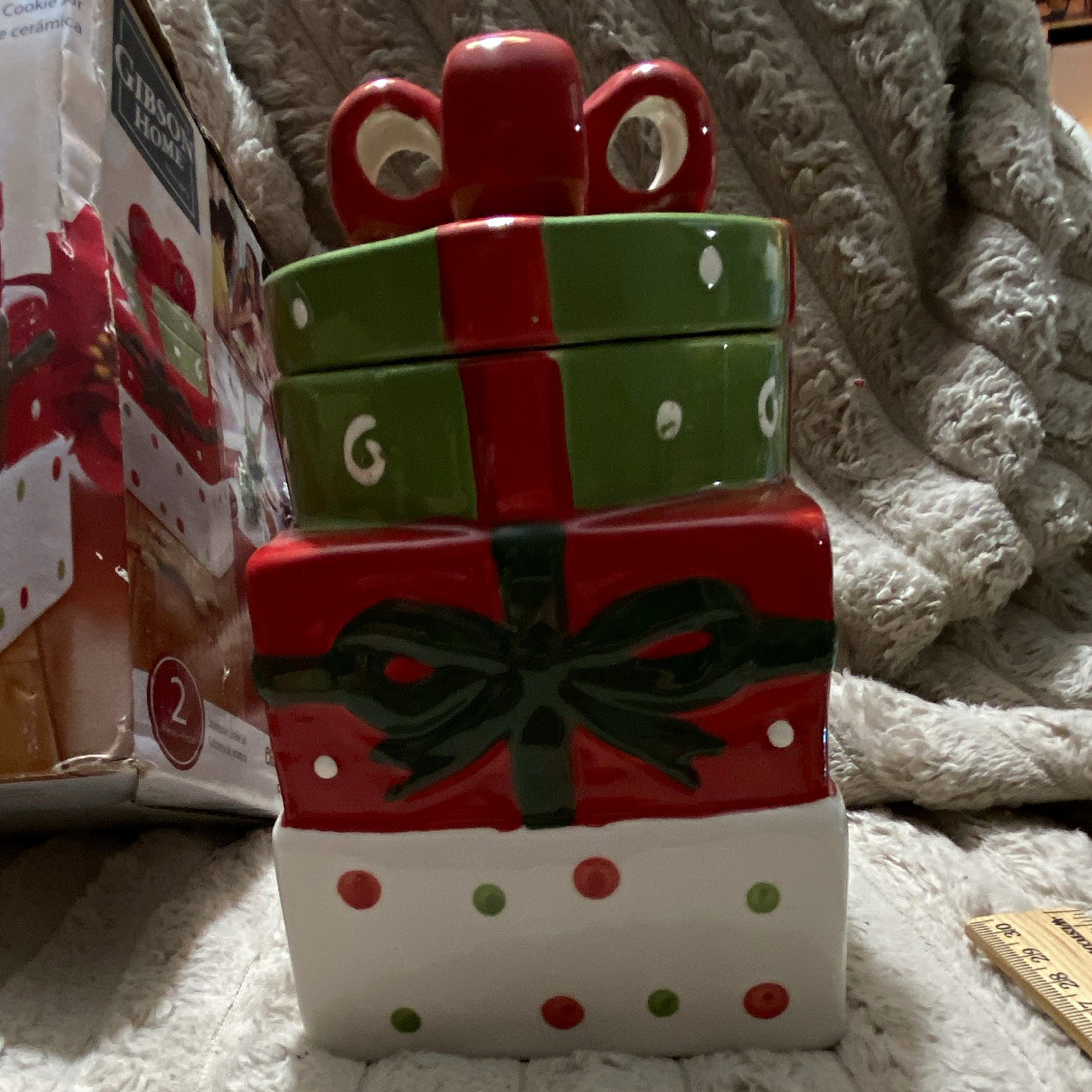 Gibson Home Christmas Estate Stoneware Cookie Jar - Stack of Gifts - in box