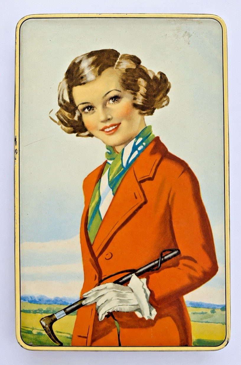 Vintage 1930s Litho Tin Box Lady Equestrian Orange Coat Riding Crop Art Deco