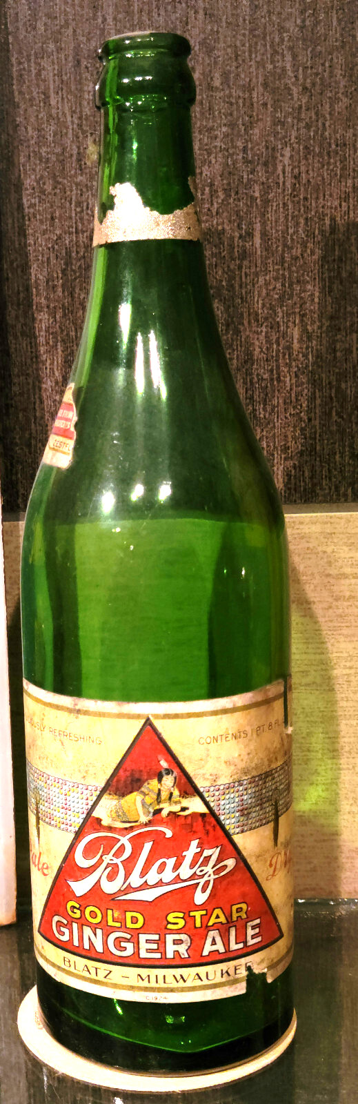 EARLY 1930'S BLATZ GINGER ALE PAPER LABEL BOTTLE 1 PINT 8 OUNCES  PROHIBITION