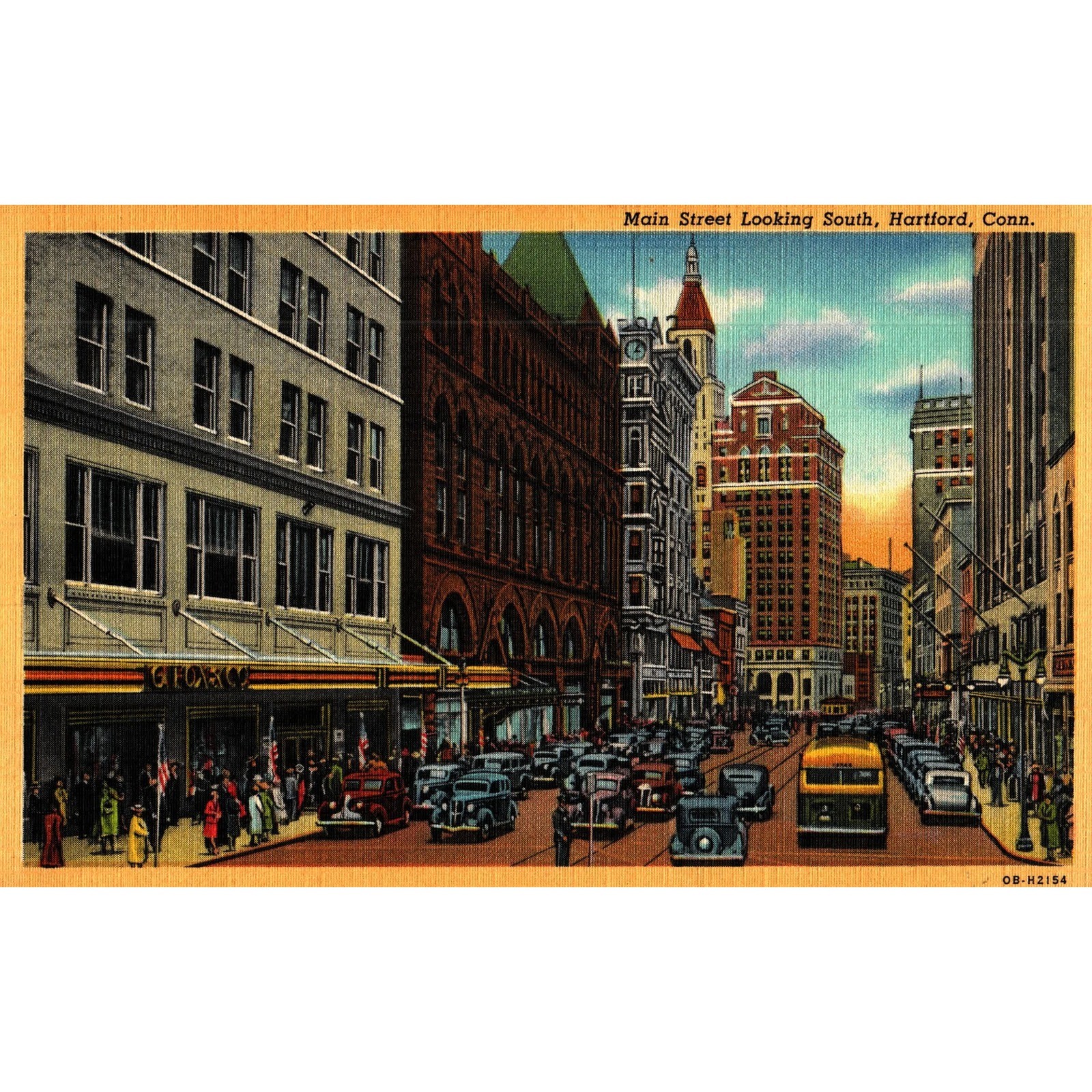 Vintage Hartford CT Main St Looking South Linen Postcard G Fox Co 1940 0B-H2154