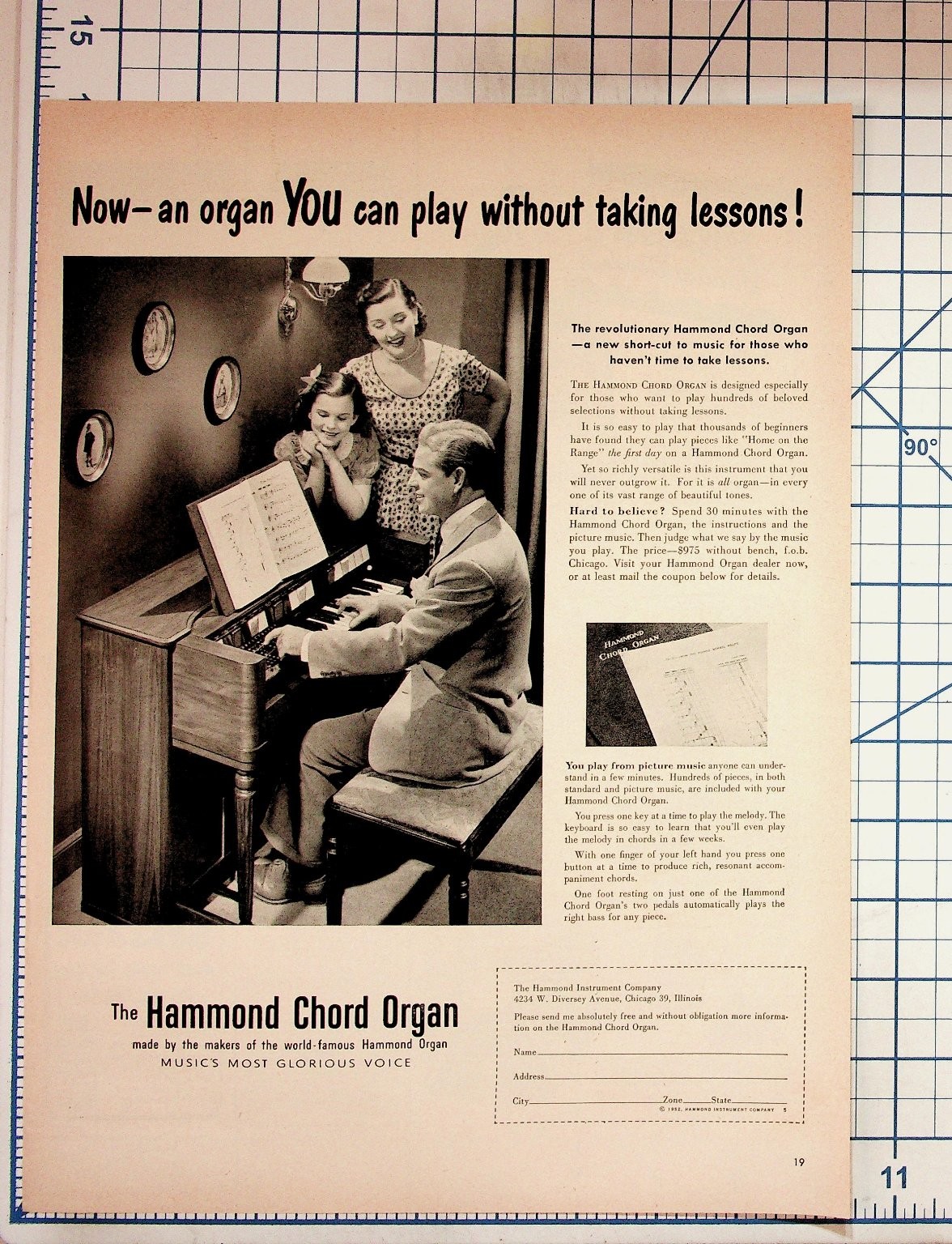 Vintage 1952 Hammond Chord Organ Magazine Ad Music Instrument Family