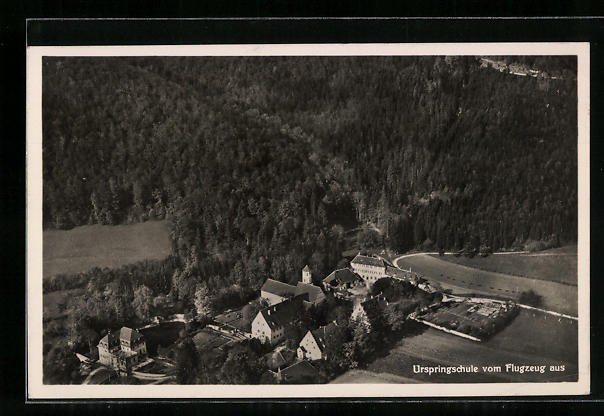 Postcard Schelklingen, monastery Urspring and original school from aircraft from 1932 