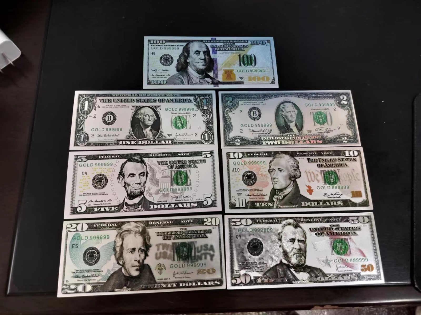 SET, US, 1 2 5 10 20 50 100 Dollars, 7Pcs Silver Foil Plastic Novelty Banknote