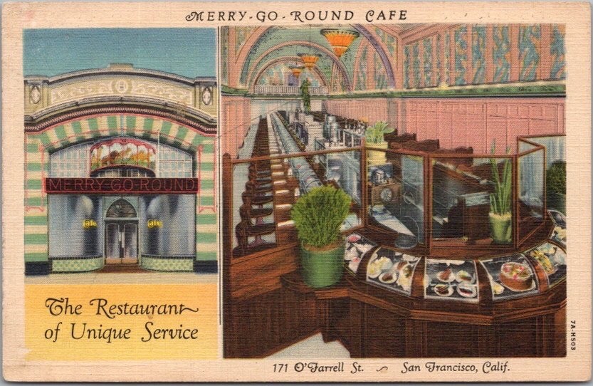 SAN FRANCISCO California LINEN Postcard MERRY-GO-ROUND CAFE O'Farrell Street