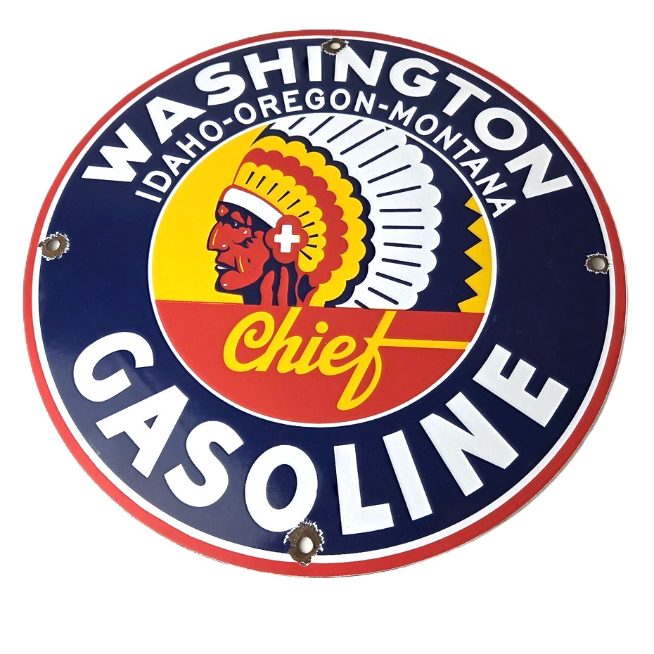 Vintage Washington Gasoline Sign - Indian Chief Gas Porcelain Service Pump Sign