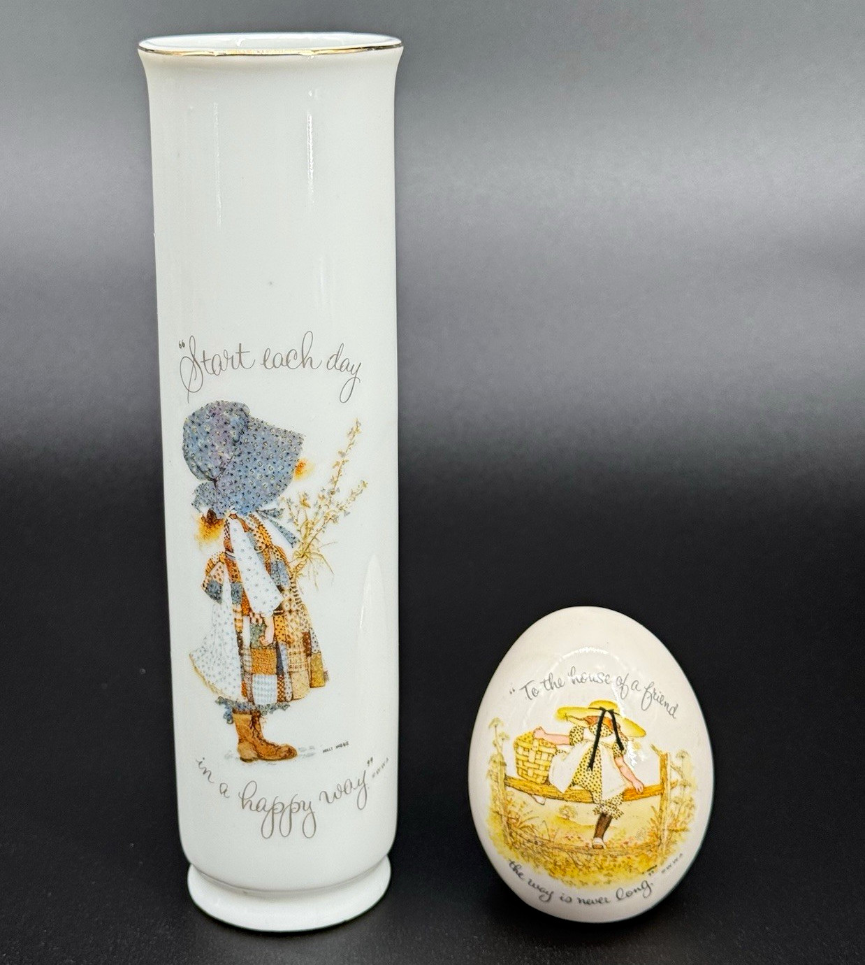 Vintage 1973 Holly Hobbie Porcelain Lot—Bud Vase & Egg Japan Cottagecore