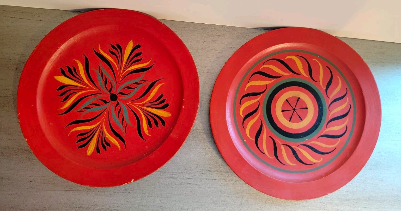 Vintage Norwegian Rosemaling Hand Painted Wooden Plates - Pair of 2 Folk Art