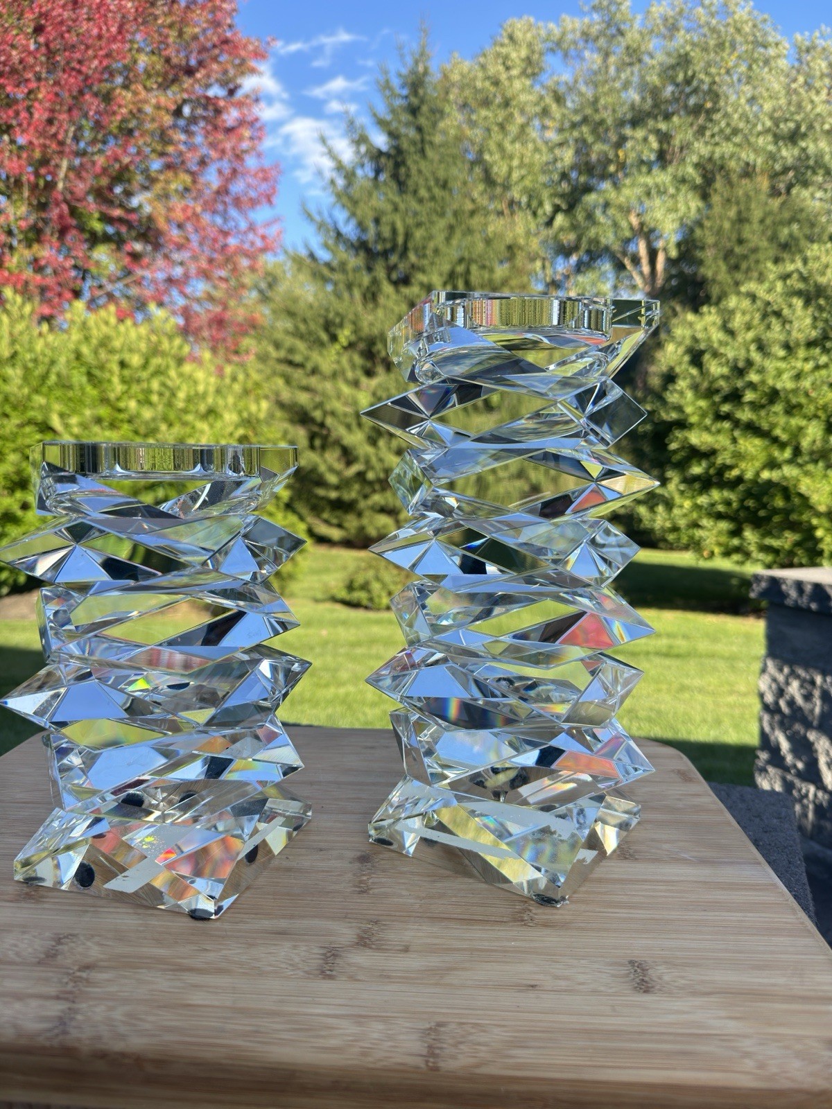 Vintage French Modernist Brutalist Heavy Stacked Crystal Candle Holder Set 11