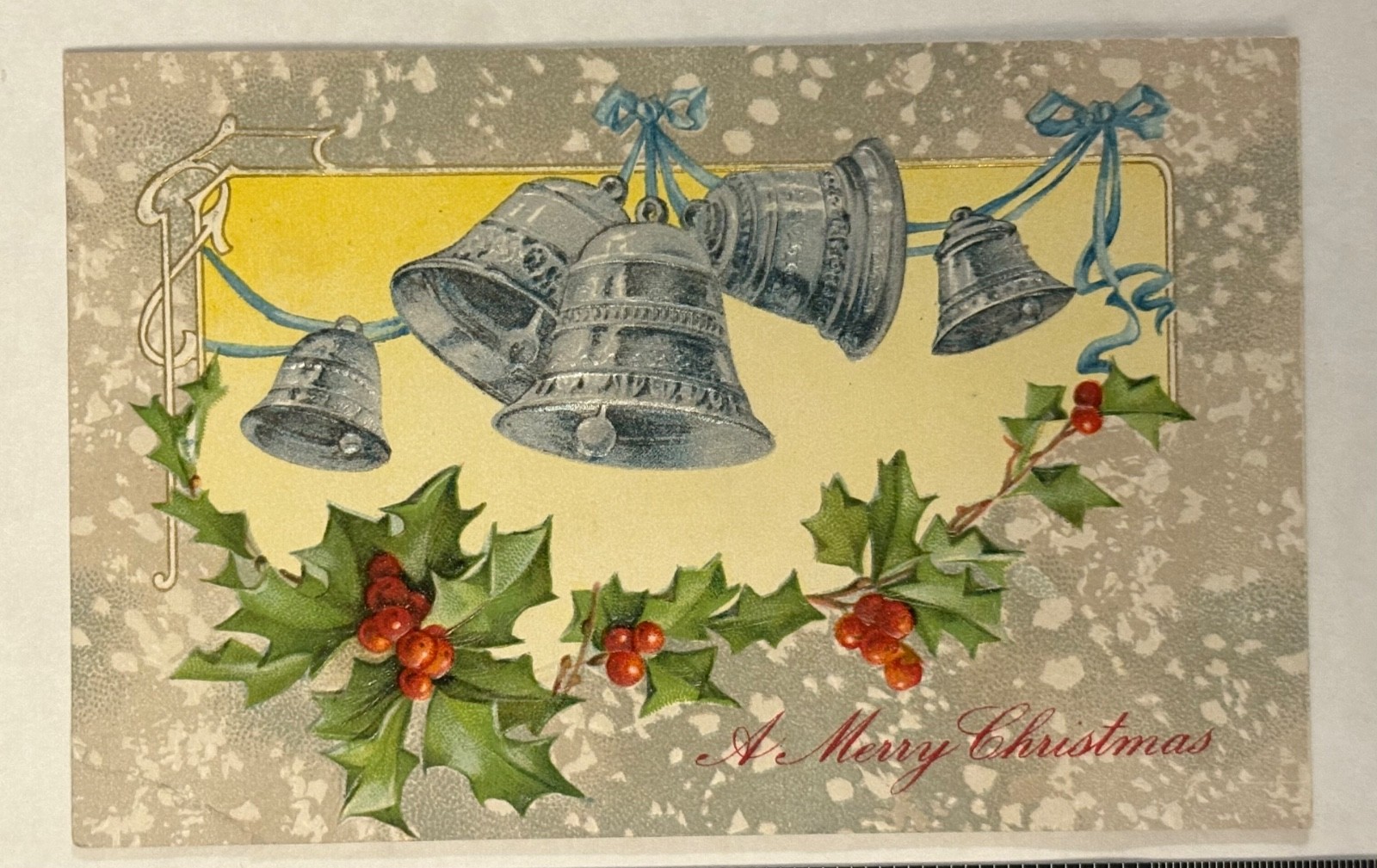 Antique A Merry Christmas Postcard Silver Bells Bows Holly Posted 1911 Embossed