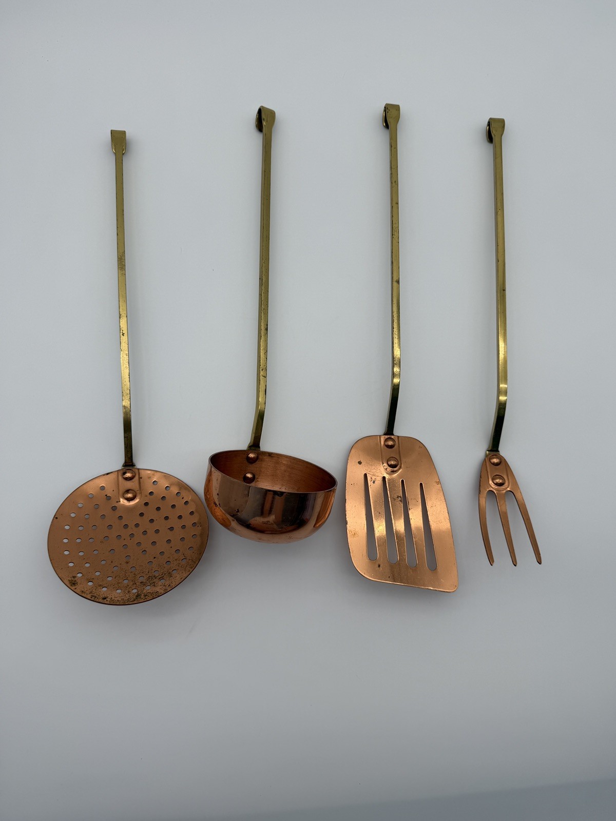 Vintage Copper Hanging Cooking Utensils Set Of 4 Farmhouse Unsigned Antique