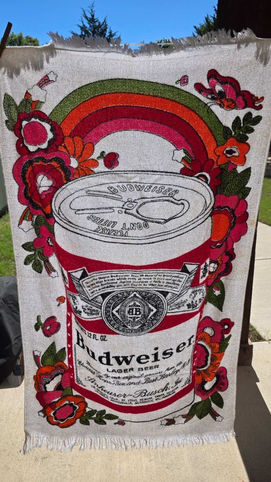 Vintage 1970s Flower Power Pop Art BUDWEISER Beach Bath Towel