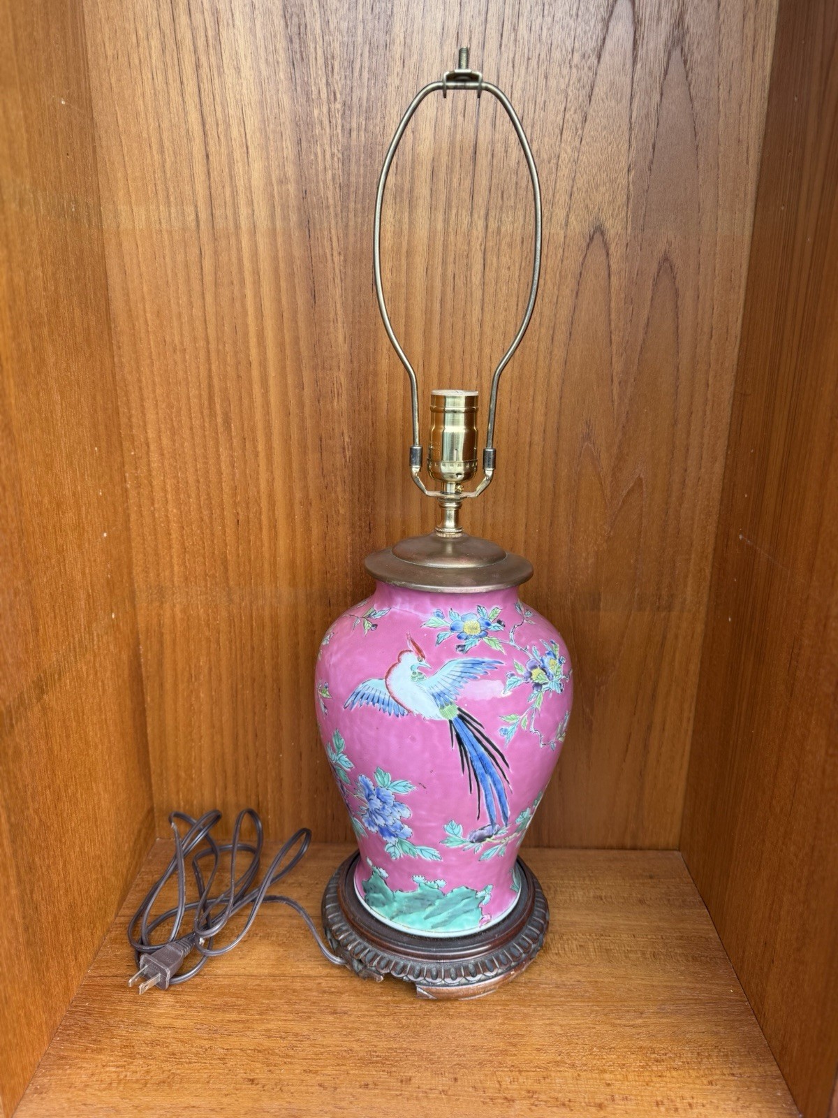 Vintage Chinese Style Pink Famille Rose Phoenix Bird Porcelain Table Lamp AS IS