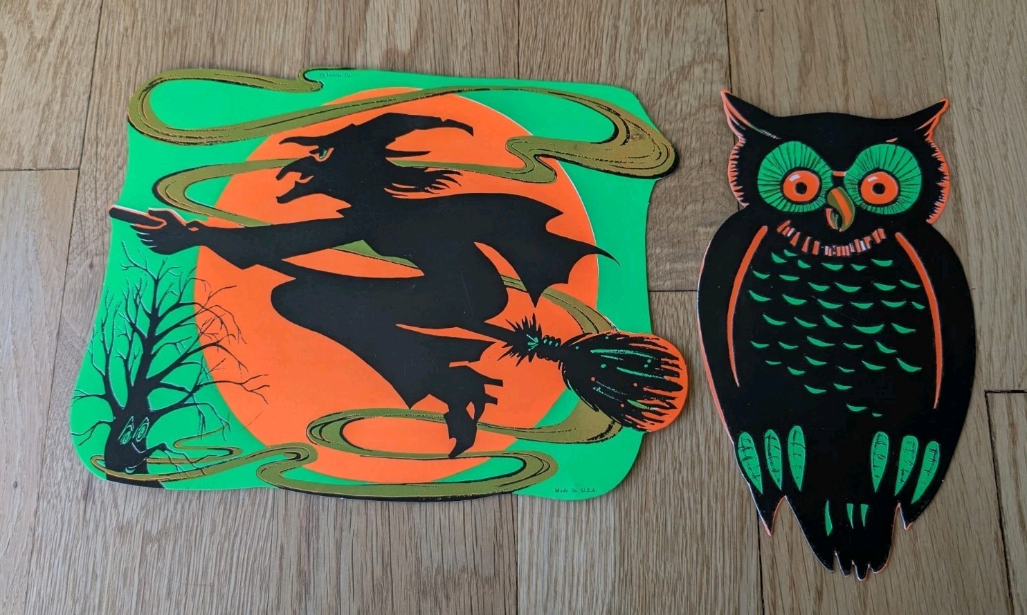 Vtg Halloween Beistle Decoration Owl & Flying Witch On Broom Lot of 2 Die Cuts