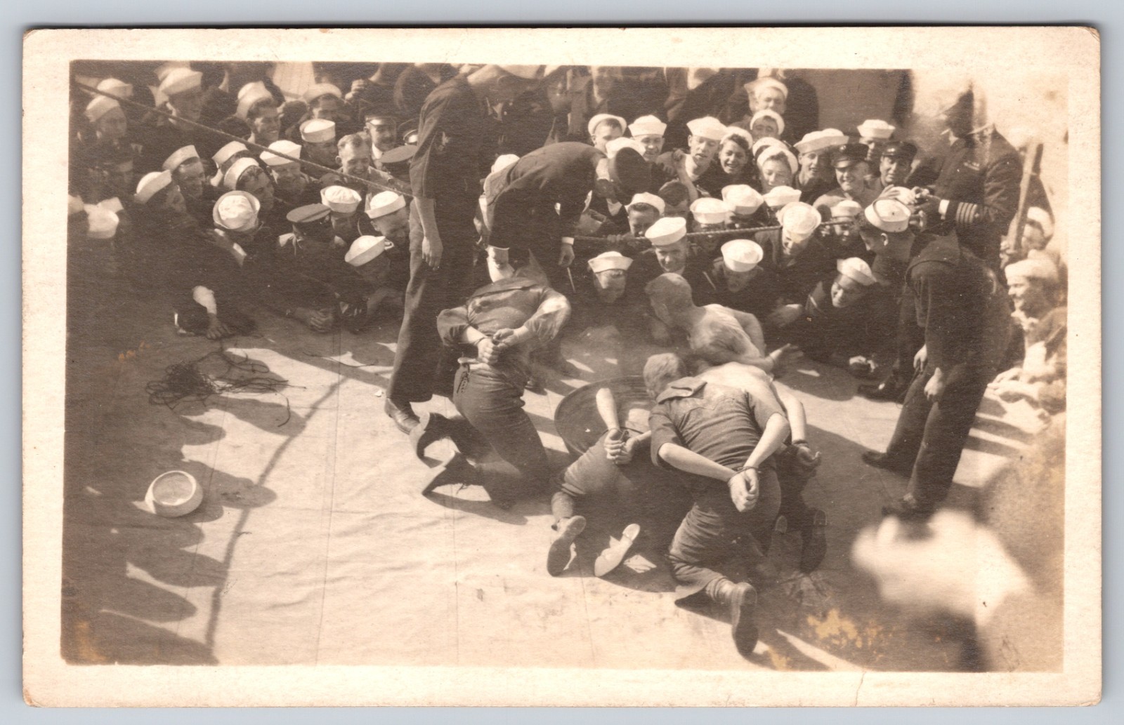 Navy Sailors With Hands Tied Playing Halloween Apple Bobbing Real Photo Postcard