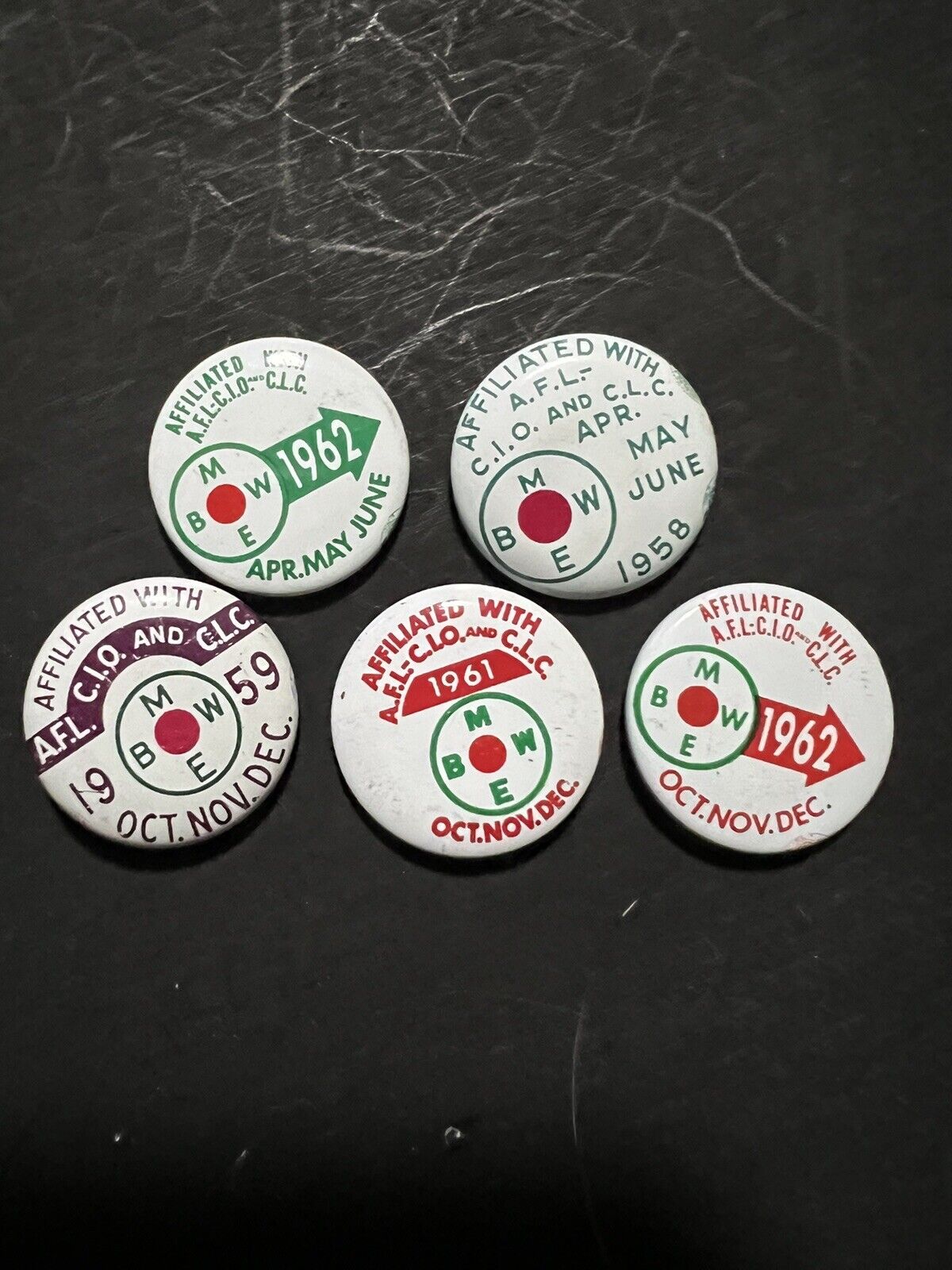 Rare Vintage 1958-1962 AFL-CIO pins, Lot Of Five