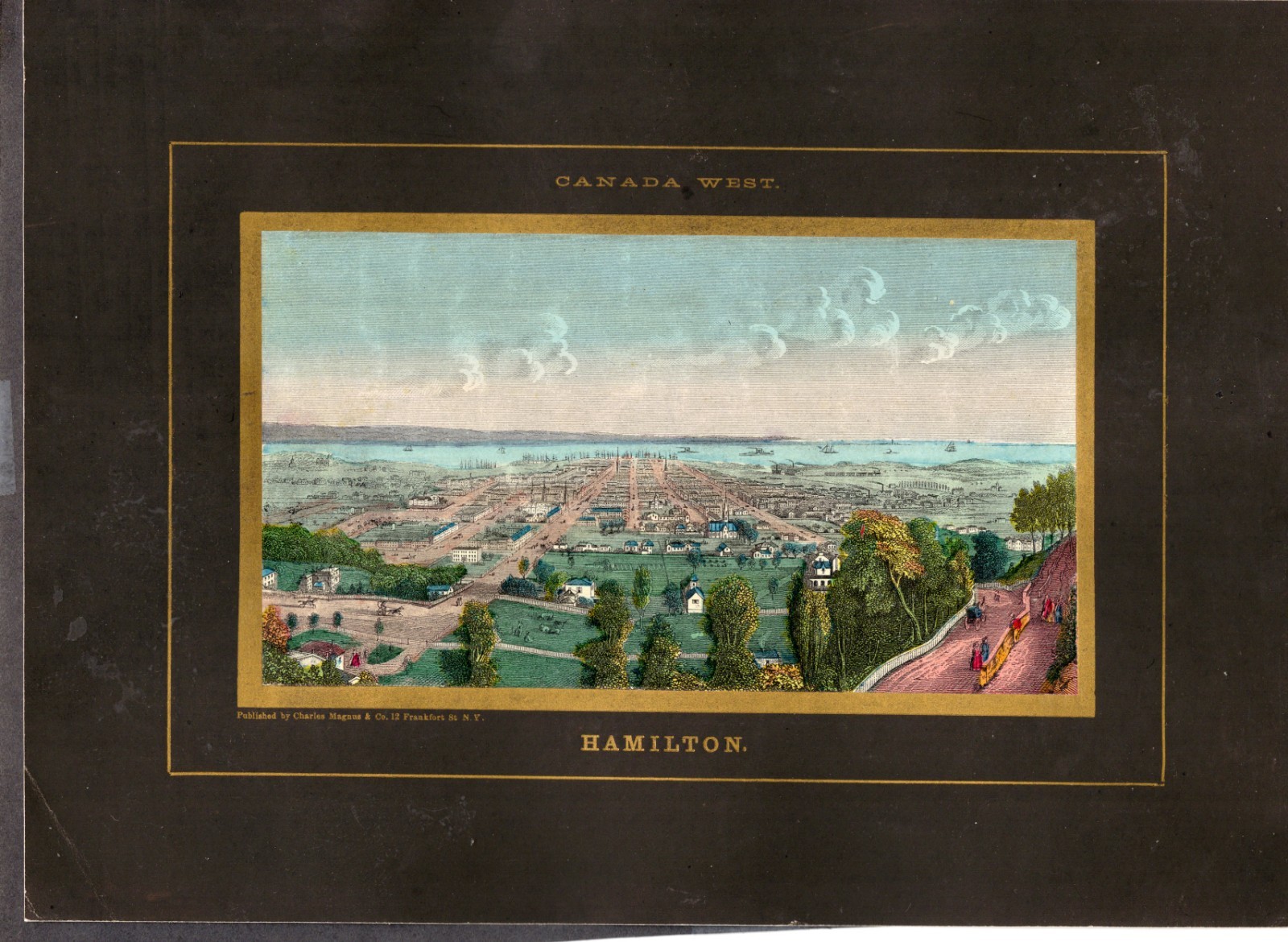 1850's Charles Magnus bird's eye view of Hamilton, Can from hand colored scenes.