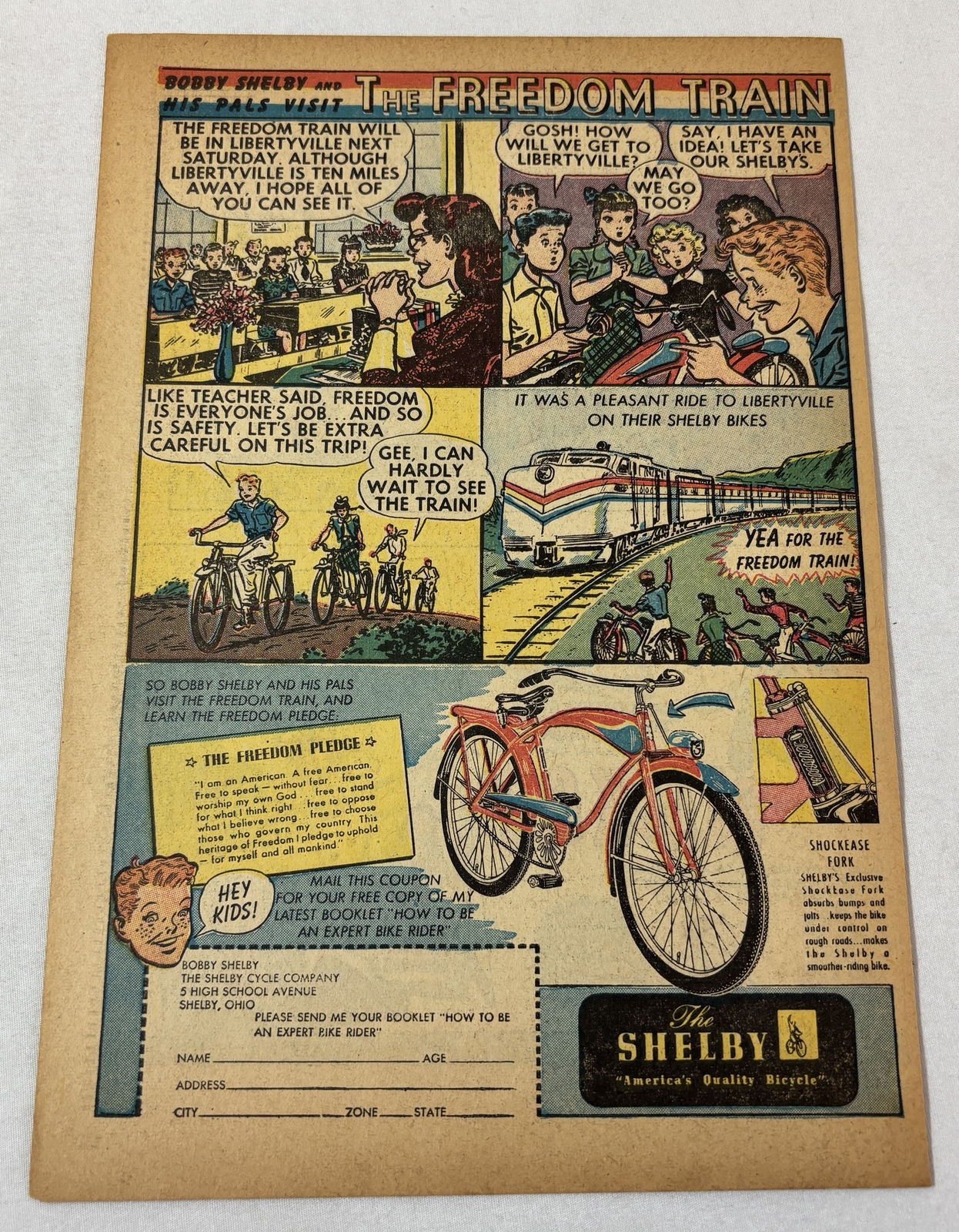 1948 BOBBY SHELBY bicycle ad page ~ VISIT THE FREEDOM TRAIN