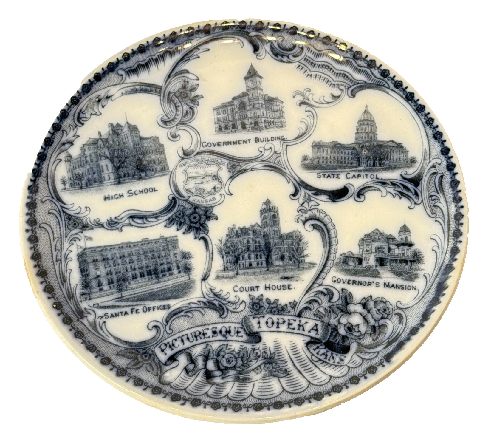 Topeka KS KANSAS Picturesque Blue Antique Souvenir RARE China Dish Plate