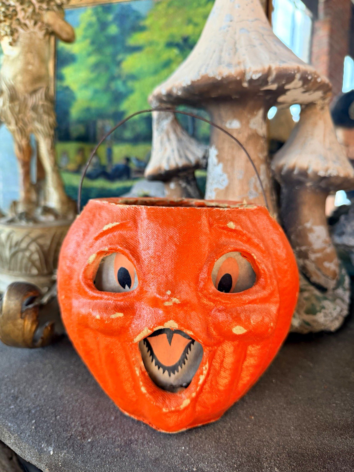 Vintage Papier Mache Halloween Jack-O-Lantern Pumpkin Candy Pail Bucket Orange
