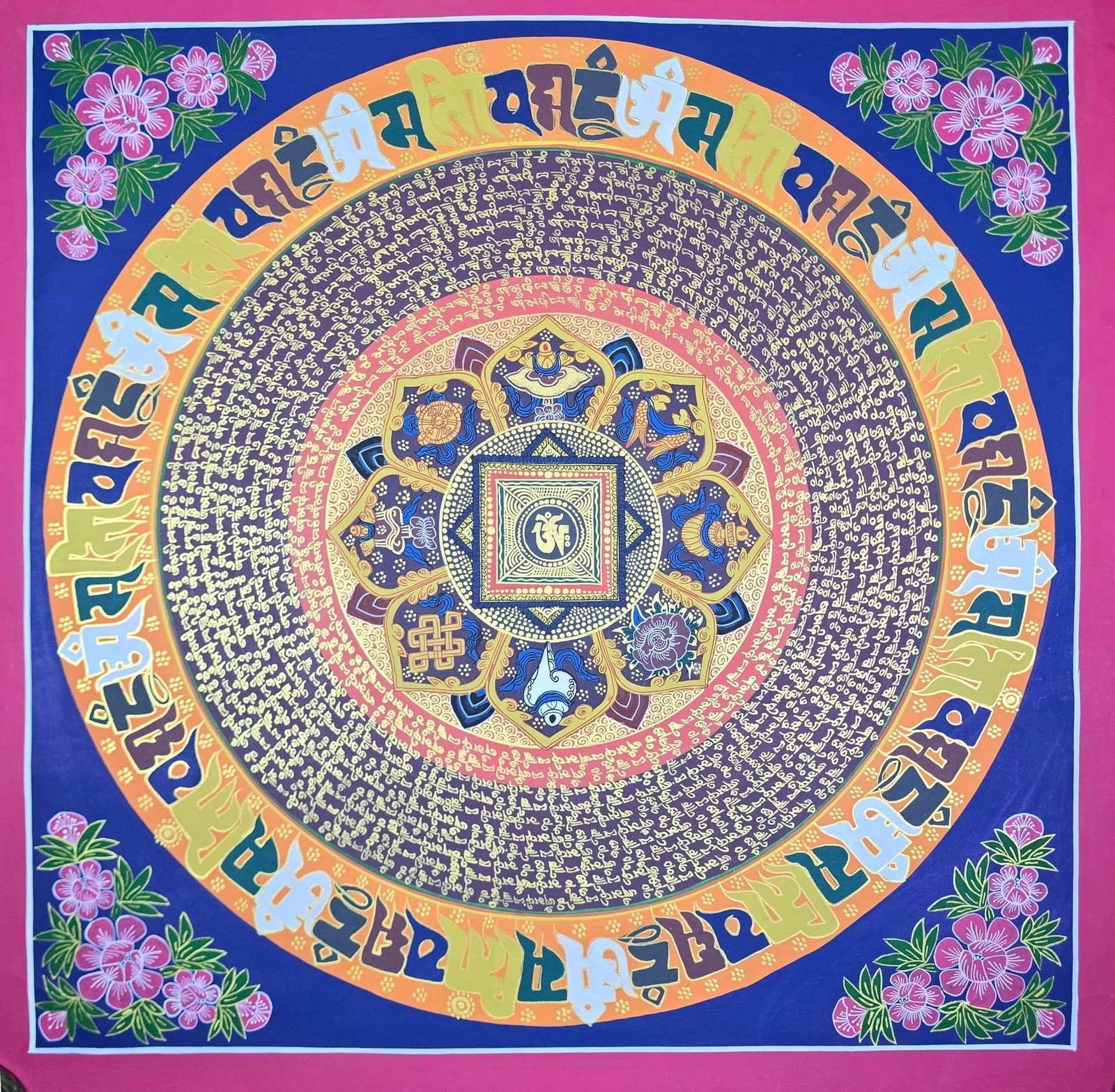 Hand Painted Om Mani Padme Hum Mandala Thangka – Tibetan Buddhist Sacred art