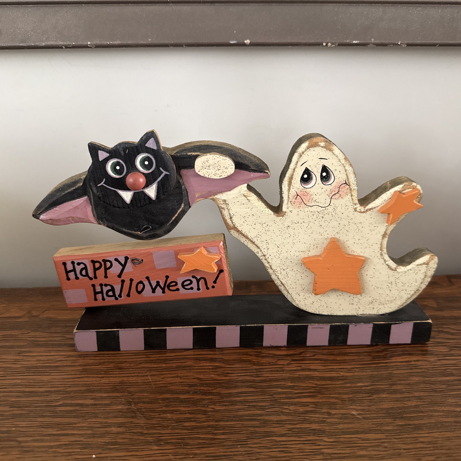 Wooden vintage happy Halloween Bat ghost Halloween home decor Fall happy spooky
