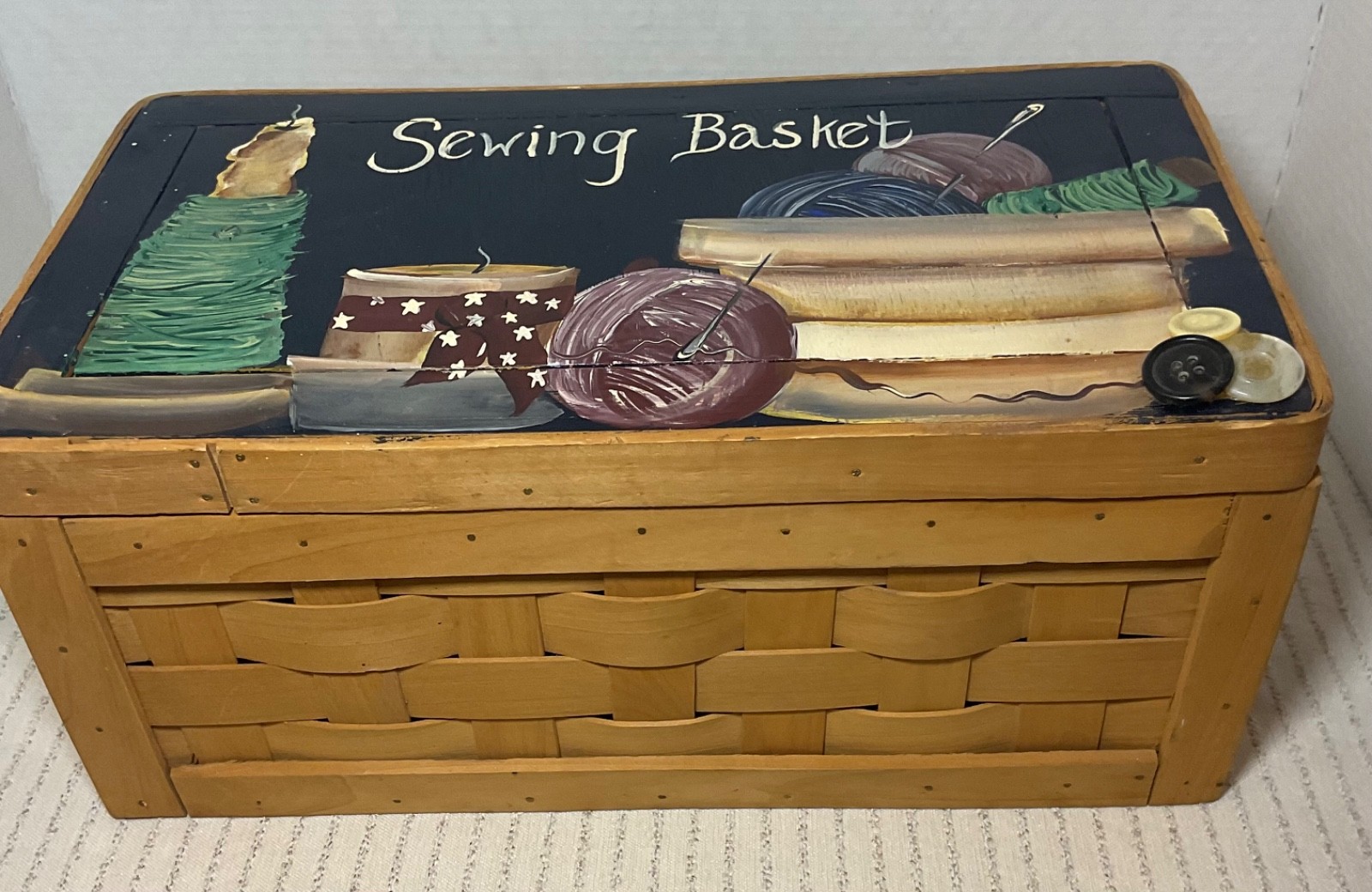 Vintage Handcrafted Sewing Basket w/Primitive Hand Painted Lid.  14.5x8x6.5 inch