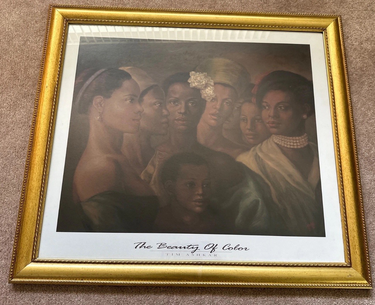 Vtg 1992 Tim Ashkar Gold Framed African American Women & Child Portrait 31.5x 28