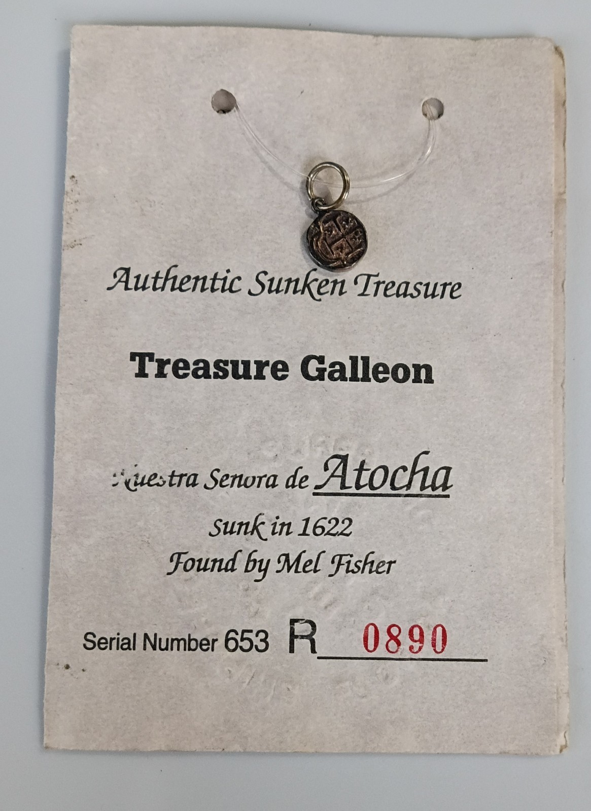 Atocha 1622 Silver Bar Coin Pendant Mel Fisher COA 
