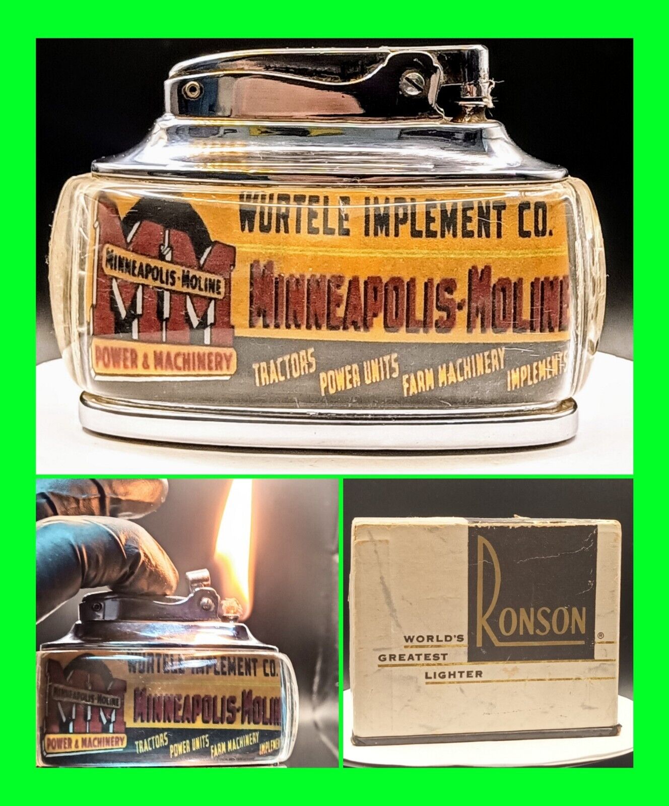 Rare Vintage Minneapolis Moline MM Advertising Ronson Table Lighter Farm w/ Box 